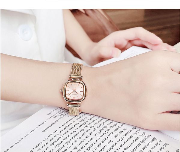 Женские часы, высококачественные роскошные кварцевые часы с батарейкой, модные винтажные розовые золотые маленькие миланские квадратные часы