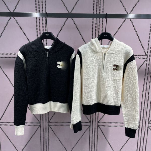 Дизайнерский осенне-зимний новый кожаный лейбл с логотипом вязаный свитер с капюшоном Черно-белый дизайн соответствующего цвета Свитер с половиной молнии Пальто Женский теплый топ