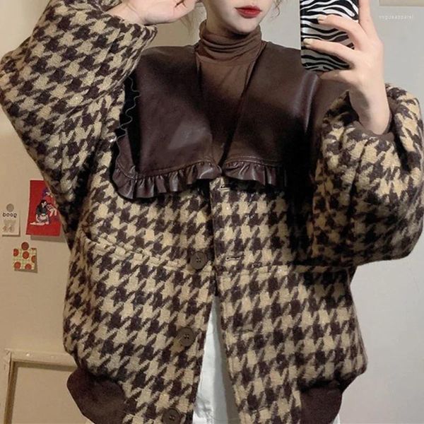 Giubbotti da donna Inverno 2023 Fashion Design Sense PU Pelle Colletto blu scuro Cuciture Piccolo Tweed profumato Pied de poule Giacca da donna