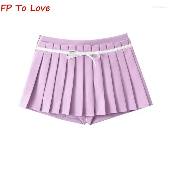 Юбки OOTD Винтажная светло-фиолетовая плиссированная мини-юбка с высокой талией и бантом, женское шикарное платье