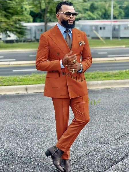 Herrenanzüge Thorndike Orange Roter Anzug 2-teilig Zweireihig Spitzenrevers Flach Slim Fit Lässige Smokings für Hochzeit (Blazerhose)