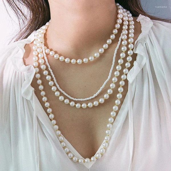 Catene Moda esagerata multistrato collana di perle imitazione per le donne Perline acriliche bianche Gioielli con nappe geometriche Kolye