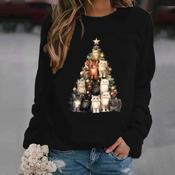 Kadın Sweaters Noel Kedi Ağacı Baskı Kadınlar Hoodie Sevimli Grafik Büyük Boy Gömlek Uzun Kollu Kadın Y2K Moda Süvari Grafik Moda Üst L231019