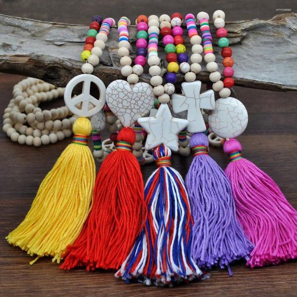 Collane con ciondolo Nappa colorata bohémien lunga per le donne Perline di legno fatte a mano Turchesi Collana a catena con maglione in argilla polimerica Gioielli Boho