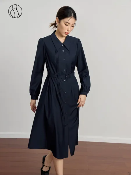 Lässige Kleider DUSHU Polo Neck Belt Dekoration Frauen Dunkelblaues langes Kleid Einreiher-Design Herbstärmelhemd