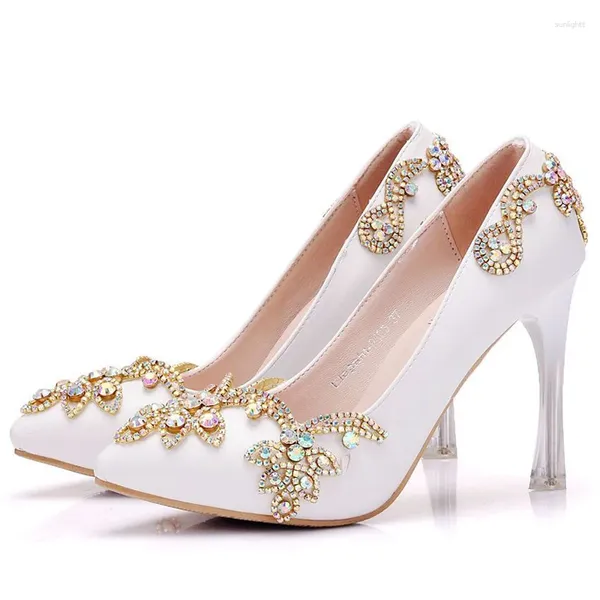 Sapatos de vestido estilo estranho saltos apontados dedo do pé alto plataformas ab cristal casamento branco aniversário cerimônia noiva bombas