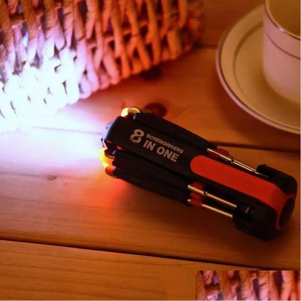 Chaves de fenda 8 em 1 Mti Chave de fenda portátil com 6 LED Torch Screw Driver Repair Light Up Mti-Funcional Lanterna Integrada Conjunto 10 Dhghs