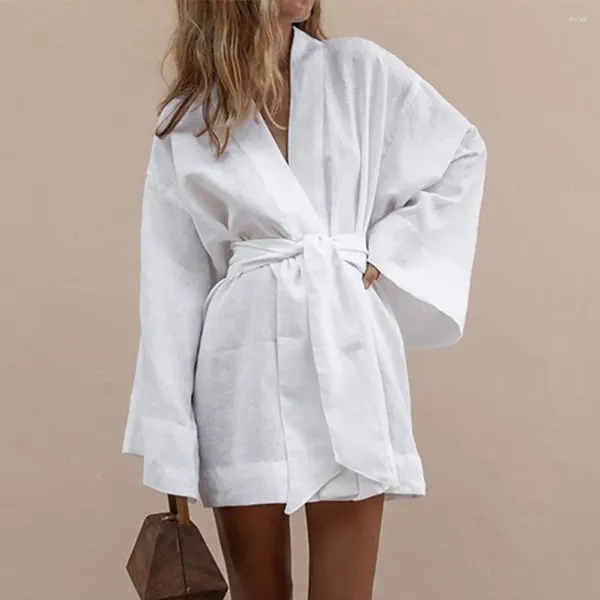 Casual Dresses Harajuku Damen V-Ausschnitt Kimono Cardigan Minikleid Weiß Baumwolle Leinen Langarm Schärpen Schnürung Frauen 2023 Herbst Lose