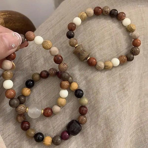 Strand-Armband aus natürlichen, ethnischen Perlen mit mehreren Edelsteinen und Zen-Mantra mit sechs Zeichen