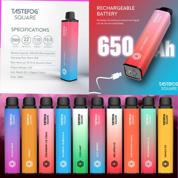 Tastefog Meydanı 3500 Puflar Tek Kullanımlık E-Cigettes Pod Cihaz Kiti E-sigara 650mAh Pil 20mg 10ml Pre Doldurulmuş Kartuş Vape Stick Puff 3500 10 Renk