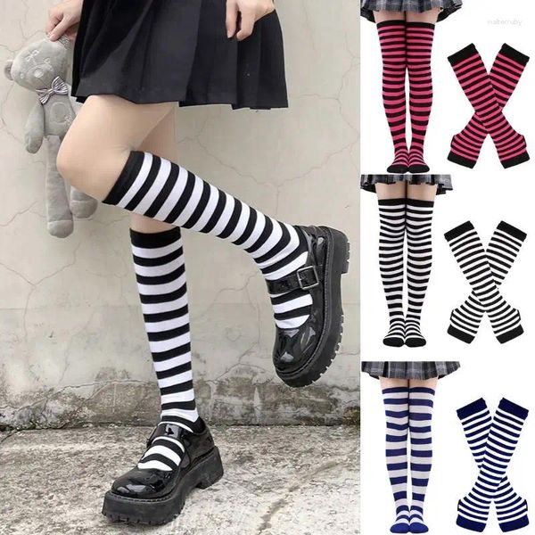 Frauen Socken 1 Set Gestreifte frauen Lolita Lange Fingerlose Handschuhe Arm Abdeckung Süße Mädchen Strumpf Hülse Weihnachten Geschenk 2023