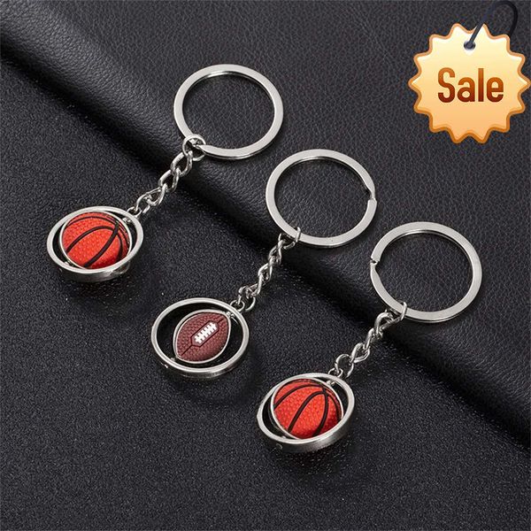 Girando mini bola chaveiro basquete futebol golfe rugby beisebol esporte chaveiro pingente saco de carro metal bola ornamento meninos presente