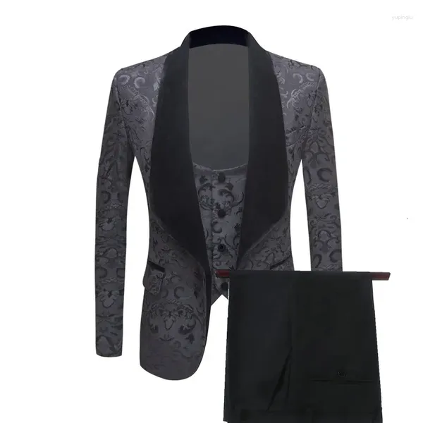 Ternos masculinos JELTOIN preto impresso floral homens xale lapela casamento noivo smoking terno masculino baile blazer colete calças traje homme