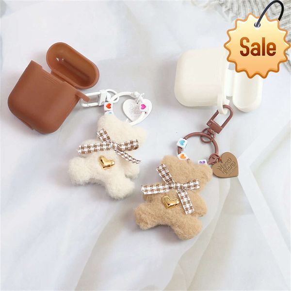 Urso peludo dos desenhos animados chaveiro moda feminina xadrez arco fone de ouvido pingente bonito saco ornamentos para meninas kawaii acessórios chave