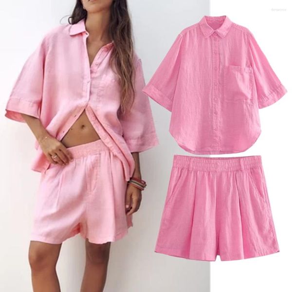 Fatos femininos murchados britânico simples cor rosa bolso namorado solto camisa de verão moda casual bermuda shorts definir mulheres