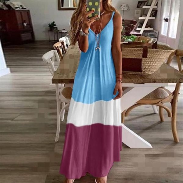 Casual Kleider Colorblock Sexy Frauen Robe Lange Boho Sommer Ärmellose V-ausschnitt Lose Maxi Kleid Plus Größe Tank Mujer277Y