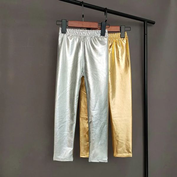 Leggings Strumpfhosen Gold Silber Kinder Hosen Mädchen Frühling Herbst Kinder Elastische Kunstleder Dünne Bleistift Mädchen 231018