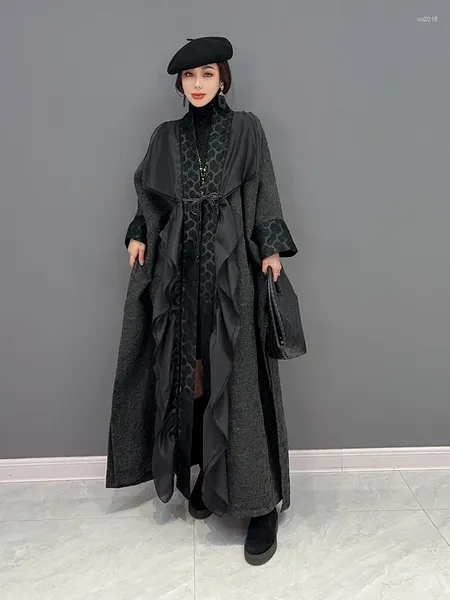 Casacos de Trench das Mulheres SuperAen 2023 Outono Inverno Moda Coreana Irregular Splice Cardigan Casaco Oversize Ruffles