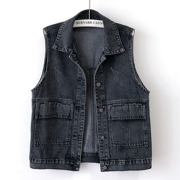 Gilets pour femmes Plus Taille Femmes Denim Gilet Mode Déchiré Automne Bleu Jeans Veste Sans Manches 2023 Printemps Lâche Court Manteau Causal Gilets 231018