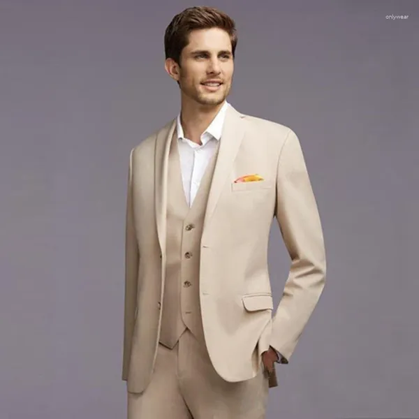 Ternos masculinos fino ajuste bege masculino 2023 casamento noivo smoking noivo conjunto 3 peças (jaqueta calças colete) homem traje homme baile wear