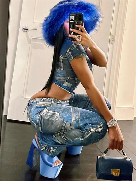 Frauen Zweiteilige Hosen Mode Druck Outfits Frauen Mesh 2 Sets Kurzarm Crop Tops Blau Baggy Streetwear Passenden anzüge 2023