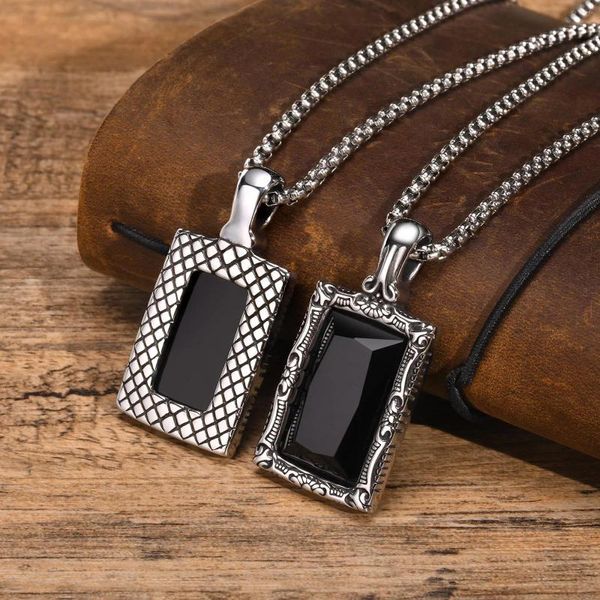 Anhänger Halsketten Quadratischer schwarzer Stein für Männer Retro Edelstahl Minimalistischer geometrischer Kragen Jungen mit Kastenkette