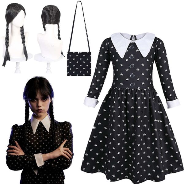 Moda çocuk film Çarşamba addams cosplay prenses elbise ve peruk çanta seti kız cadılar bayramı kostüm karnaval gotik siyah clothescosplay