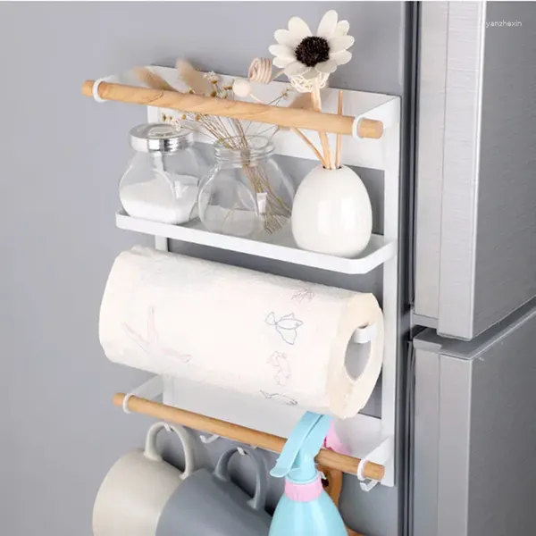 Rack de armazenamento de geladeira, suporte de papel de sucção magnética, galhetas, rolo de pano de prato, acessórios, organizador de cozinha