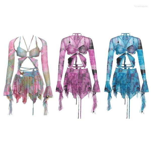 Vestidos de trabalho 95AB Mulheres 3 peças Tie Dye Outfits Set com manga comprida Shrug Halter Crop Top Beach Mini Saia Combinando Terno