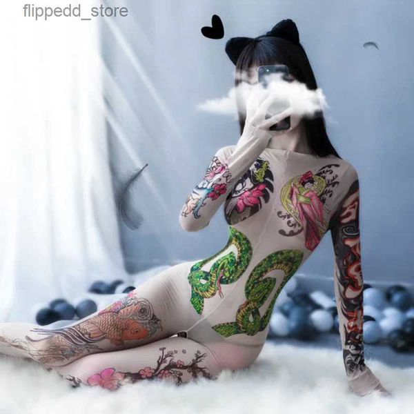 Calzini sexy stile giapponese tatuaggio manica lunga tuta aperta lingerie sexy donna stampa moda collant bodystocking collant calze di nylon Q231019