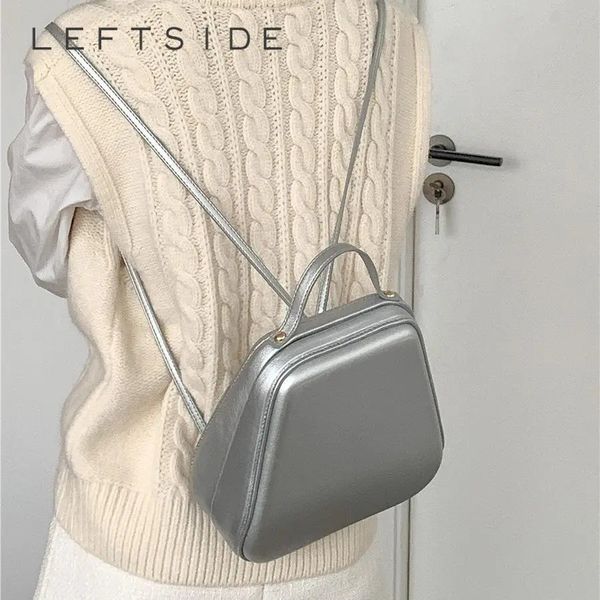 Schultaschen LEFTSIDE Silber Kleiner Rucksack PU-Leder Koreanischer Moderucksack für Frauen Mädchen Einfarbig Buch 231019