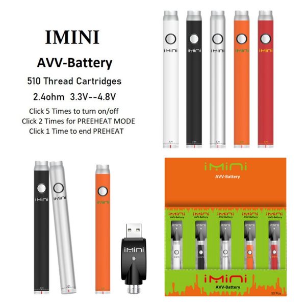 Top 1 Authentic Imini AVV 380mah batteria di preriscaldamento a tensione variabile 0,8ohm Mesh Coil 18ml e sigaretta 510 thread per carrelli di vaporizzazione di olio denso 3.3-3.8-4.3-4.8v Vapor Disponibile