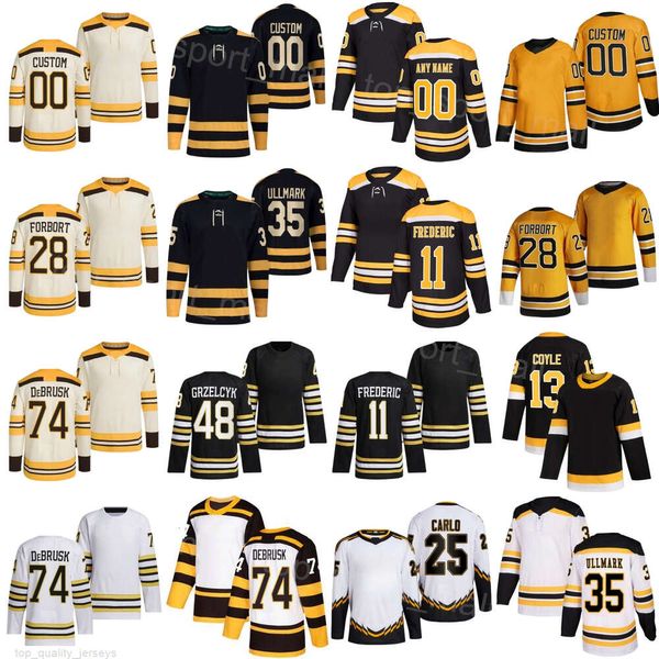 Equipe Hóquei 74 Jake DeBrusk Jerseys 13 Charlie Coyle 35 Linus Ullmark 11 Trent Frederic 48 Matt Grzelcyk 25 Brandon Carlo 28 Derek Forbort All Stitch Homem Mulher Juventude