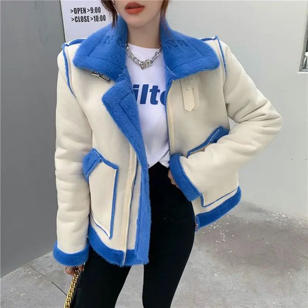 Pelle da donna in ecopelle moto BF pelle scamosciata opaca più fodera in peluche cappotto imitazione visone soffice colletto rialzato più velluto PU bomber giacca cardigan top 231018