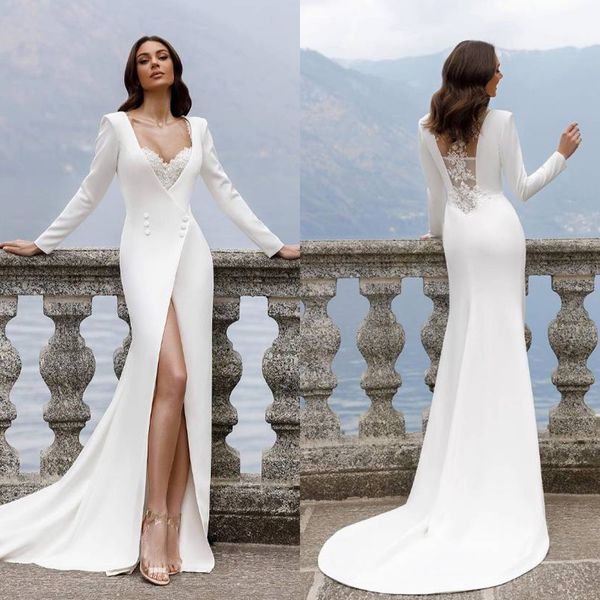 Cetim sereia vestido de casamento para mulheres elegante manga longa v pescoço rendas apliques vestidos de noiva simples sexy feito sob encomenda