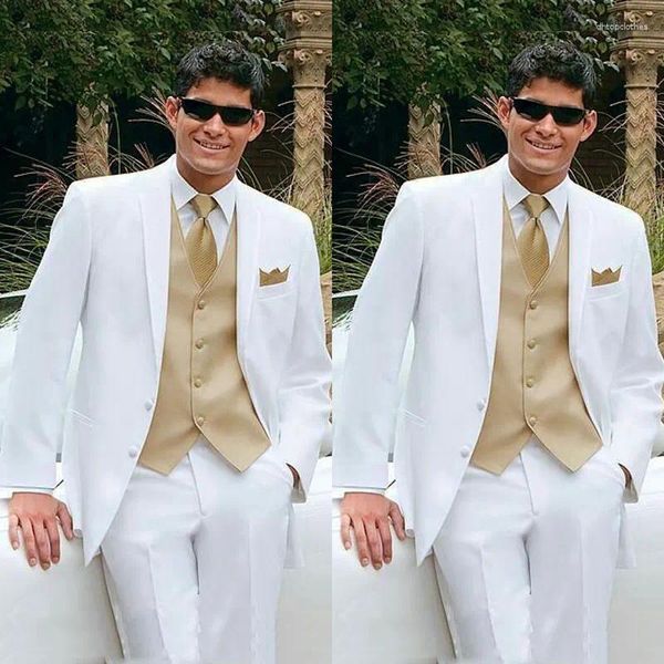 Ternos masculinos mais recentes casaco calça projetos homens branco para casamento noivo smoking 3 peça homem blazer traje homme baile de formatura fino ajuste terno masculino