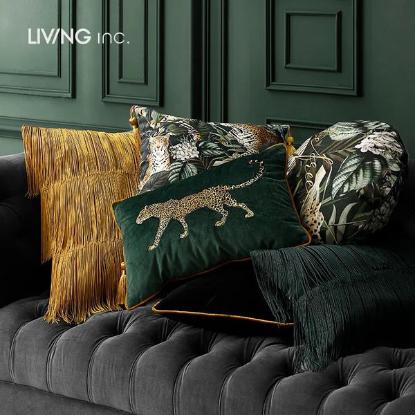 Federa per cuscino Federa per cuscino ricamo leopardato verde scuro Federa per cuscino Velluto vintage Collezione animali Biancheria da letto dorata per divano Coussin 231013