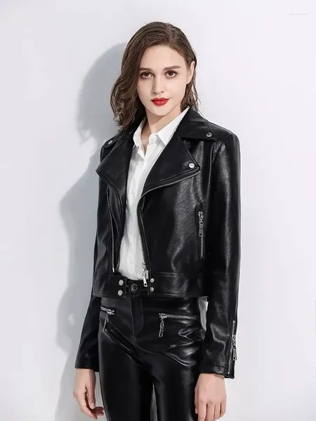 Jaqueta cortada de couro feminino para primavera outono 2023 tendência moda coreana simples sólido falso jaquetas de motocicleta
