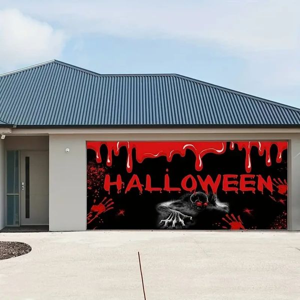 1 unidade, banner decorado de Halloween (6x13 pés) tecido de Halloween fundo banner papel puxar bandeira parede fundo assustador caveira cabine de foto adereço decoração suspensa