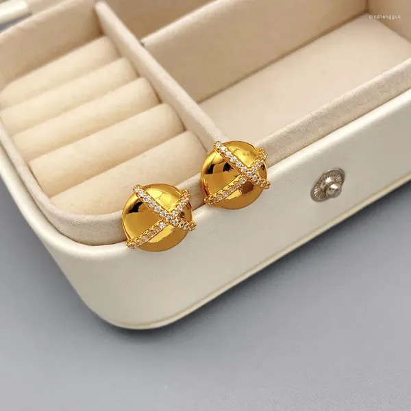 Ohrstecker Korean 2023 Mode Retro Einfachheit Hemisphären Intarsien Zirkon Für Frauen Kleine Beschichtung 18k Gold Schmuck