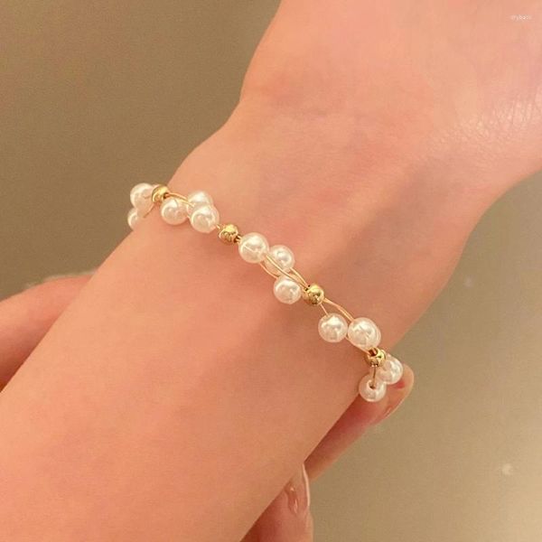 Filo elegante braccialetto di perle intrecciate con perline per donna Perline rotonde francesi Nappa Scintillante catena di cristalli Accessori Regalo di gioielli di moda