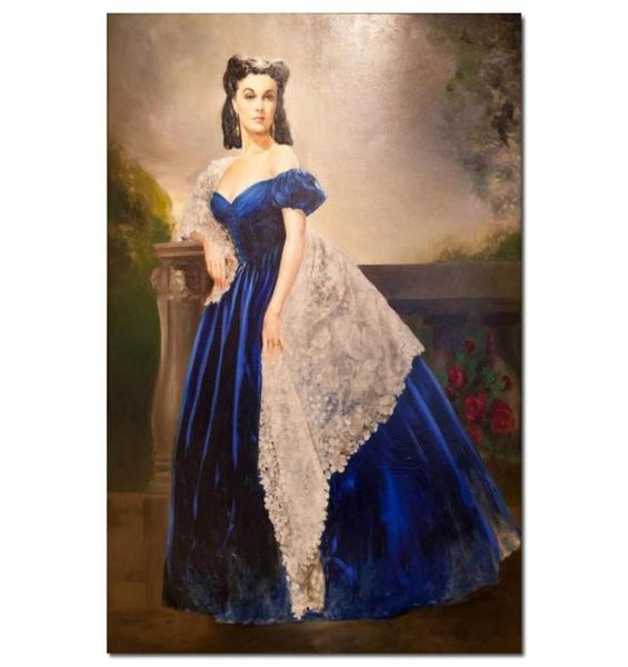 Dipinto classico su tela Ritratto di Scarlett O'Hara in abito blu Riproduzione dipinta a mano a olio Bella donna opera d'arte 6696988