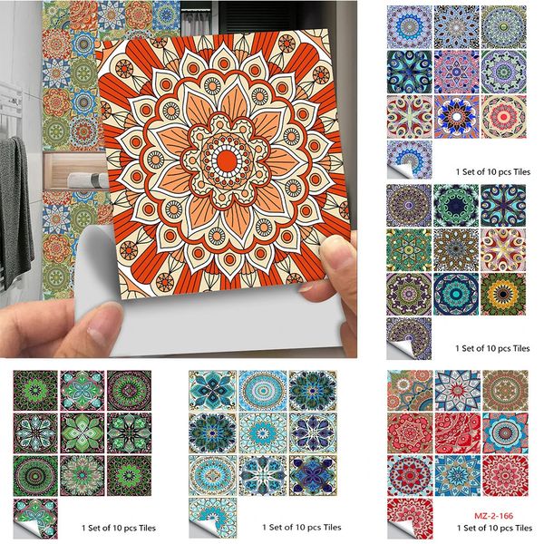 Adesivos de parede 10pcsset Mandala estilo cristal telhas duras cerâmica adesivo cozinha guarda-roupa decoração de casa arte mural casca vara decalques 231019