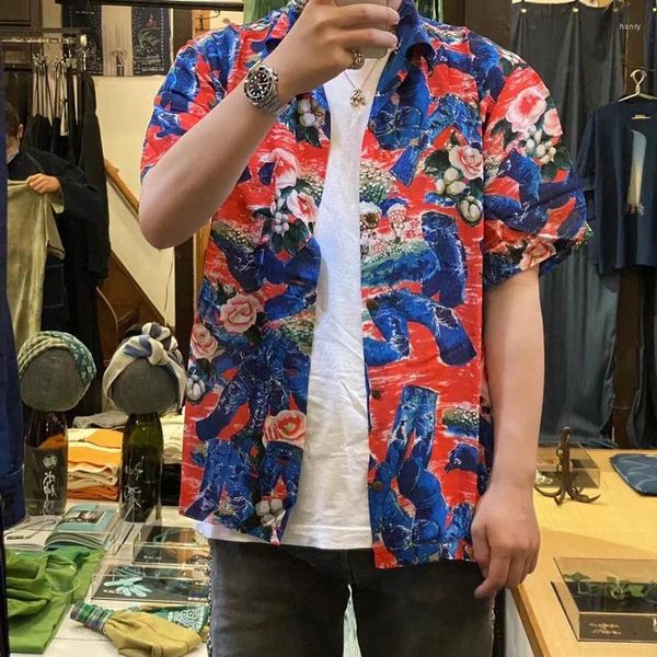 Camisas casuais masculinas 2024 verão kapital manga curta moda japonesa havaiana seda flor impressão retro top para homens e mulheres