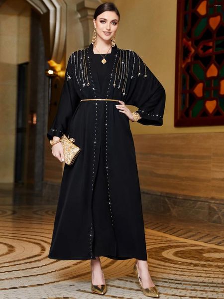 Abbigliamento etnico Ramadan marocchino musulmano con perline di riso cucite a mano nere in raso su Dubai Arabian Arabian Robe Cardigan islamico Overlay Abaya