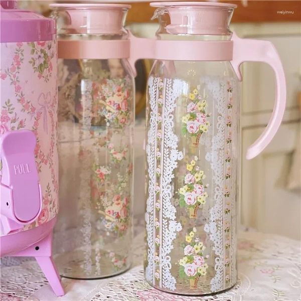Набедренные фляжки с бантом и цветочным принтом, элегантные кувшины для воды, кувшин для сока, летний бытовой стеклянный розовый стикер, термостойкий чайник большой емкости, крутой чайник