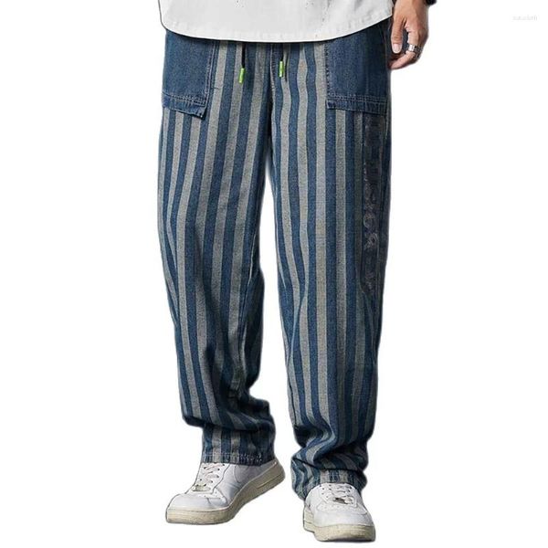 Calças de brim masculinas moda listra homens mulheres casuais calças jeans reta solta baggy hiphop harem calças streetwear cintura elástica