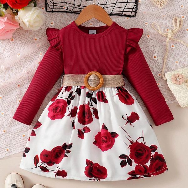 Платья для девочек 2, 3, 4, 5, 6 лет, детское платье для девочек на осень и зиму с длинными рукавами, красное платье в рубчик с поясом и цветочным принтом, рождественская детская одежда