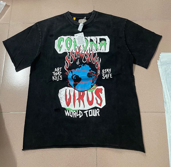 22ss Bahar Yaz ABD Delik Alev Dünya Vintage T Shirts Kısa Kollu Erkek Tshirt Kadın Giysileri Günlük Pamuk Tee