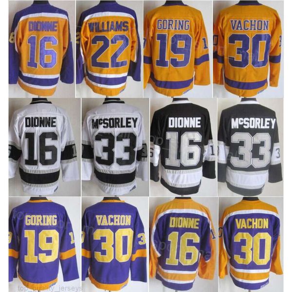 Homem Retro Hóquei 16 Marcel Dionne Jerseys 30 Rogatien Vachon 33 Marty McSorley 22 Tiger Williams 19 Butch Goring Vintage Clássico Bordado Aposentar-se para fãs do esporte